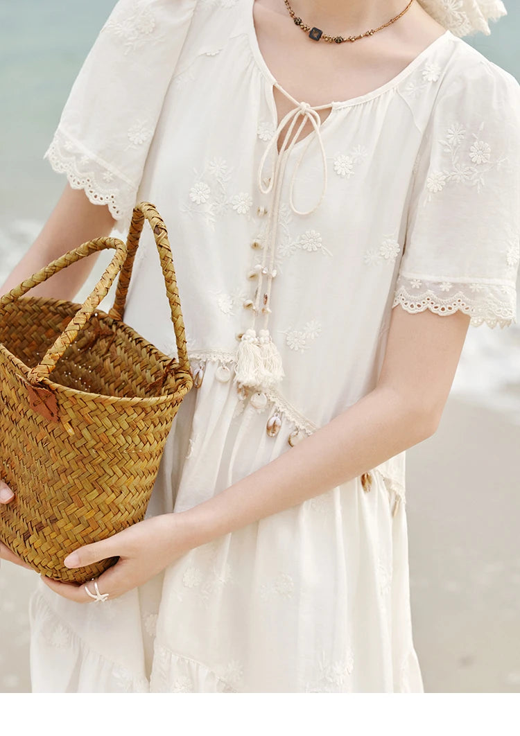 MISOHW Bohemian Solid Women's Summer Dress New 2025 Short Sleeve V-neck Shell Lace Midi Dresses for Woman Fashion MXE33L2195