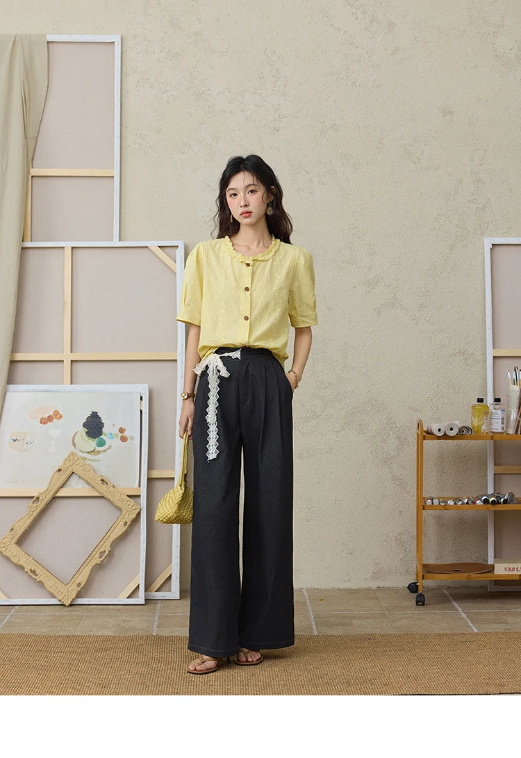 MISHOW 100% Cotton Women's Puff Sleeve Shirt 2025 Summer New Fashion Round Neck Button Top Casual Female Clothing MXE36X1873