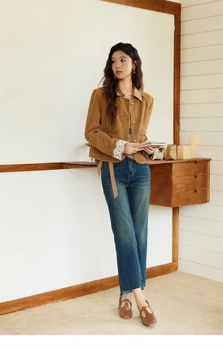 MISHOW Fragrant Suede Jacket for Women Autumn 2025 Cuffs Hollowed Out Lace Short Coats O-neck Metal Button Jackets MXE46W0839