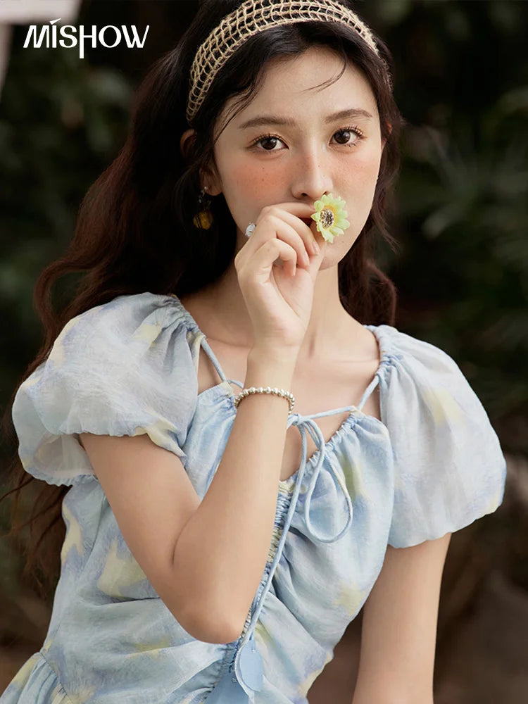 MISHOW Ladies Lace Up Puff Sleeve Dress 2025 Summer New Vacation Fashion V-neck Slim Lyocell Linen Blue Midi Dresses MXE34L2227