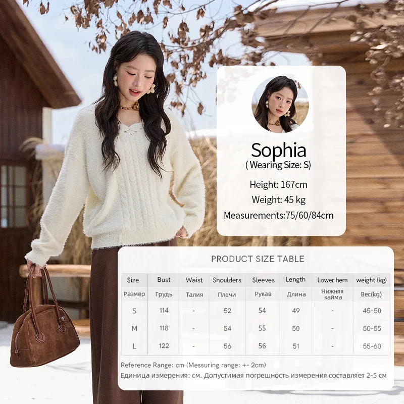 MISHOW Fashion Pullover Women 2025 Autumn Winter Apricot Soft Loose V-neck Cable Knit Sweater Office Lady Loose Top MXE51Z2594