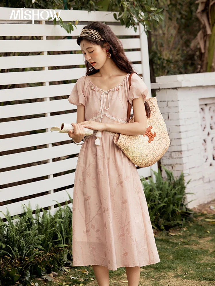 MISHOW Print Office Lady Dress Women Summer 2025 Short Sleeve Round Neck Beaded Neckline Slim Waist Dresses Female MXE33L2208