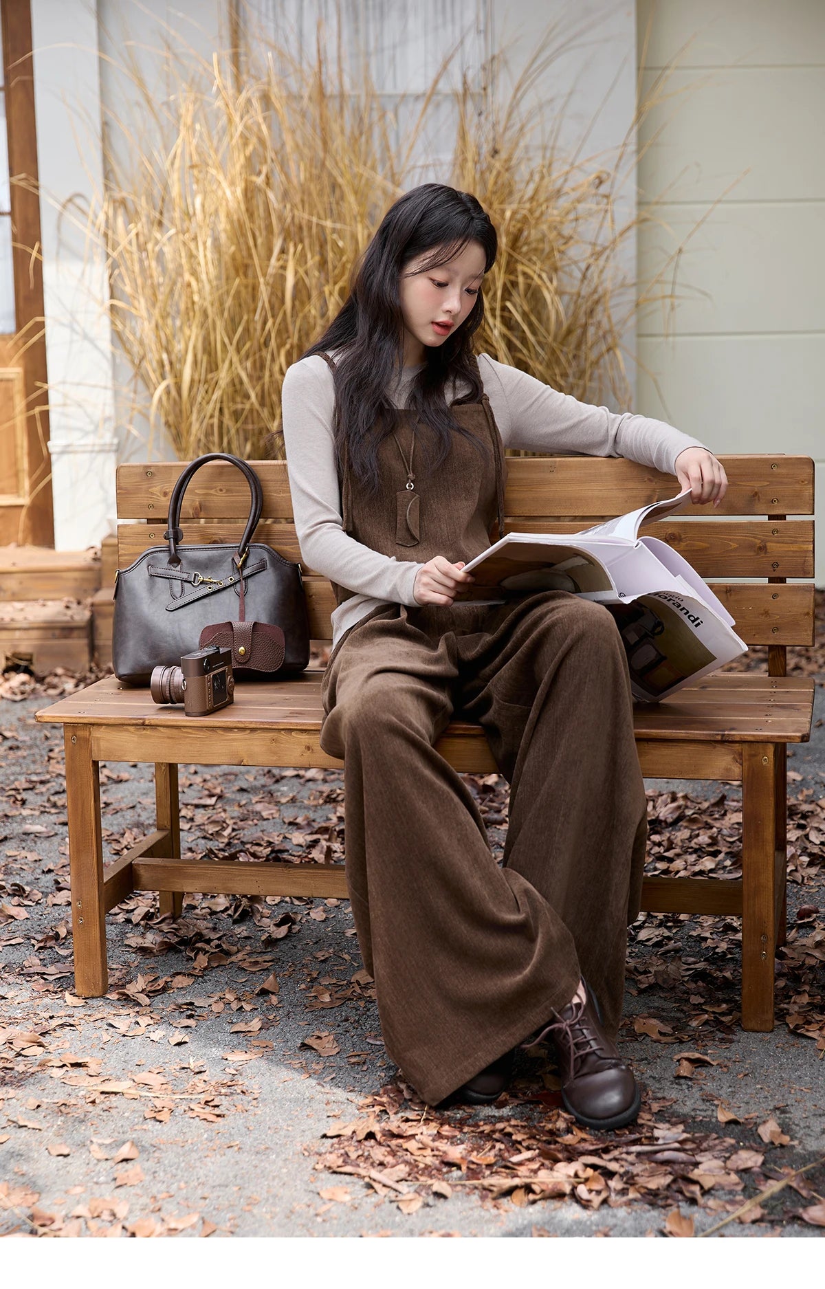 MISHOW Three-piece Suit Women 2025 Retro Brown Vest Wide-leg Pants Gray Long Sleeves Tops Autumn Women's Pants Set MXE49T1422