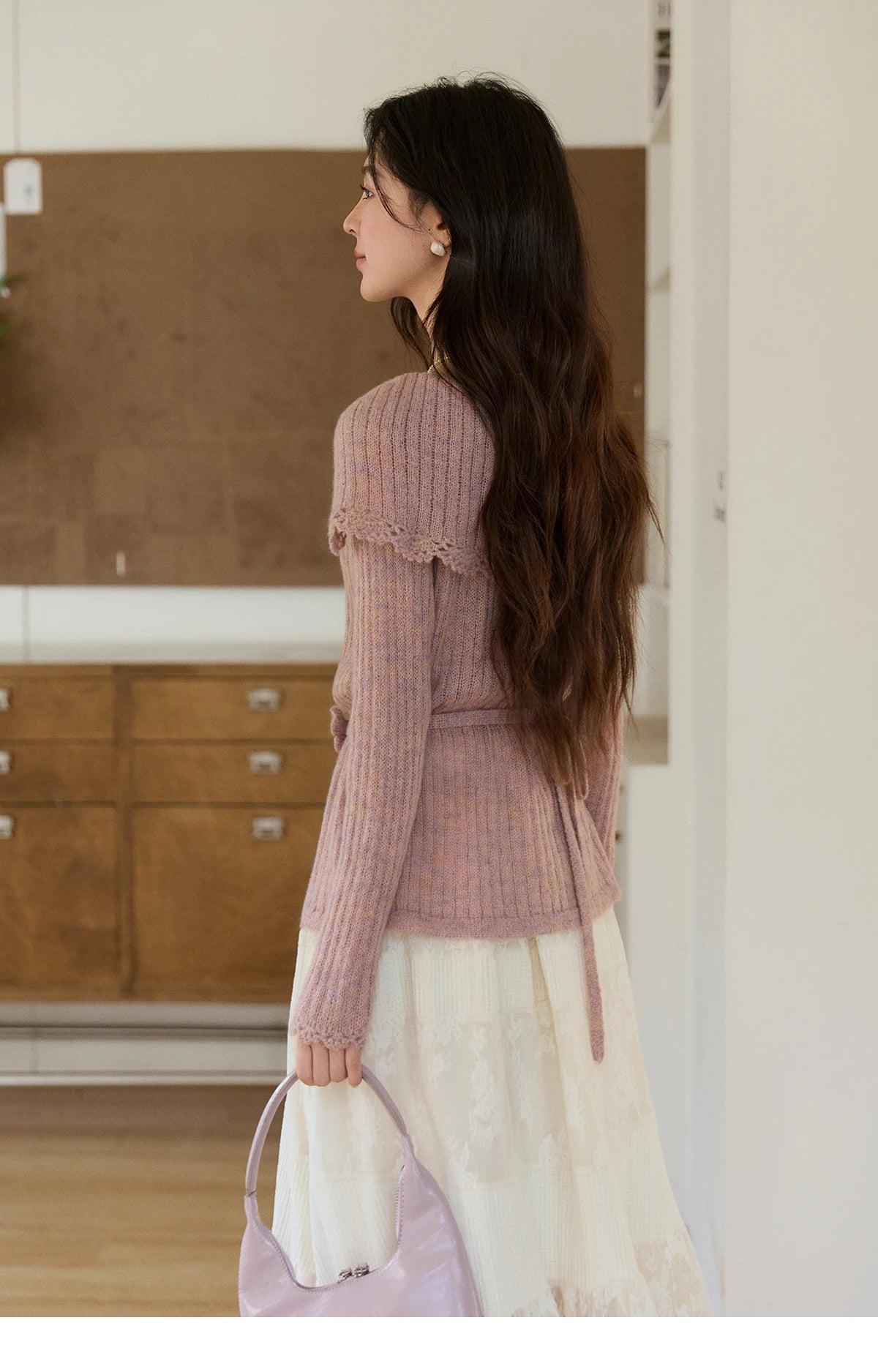 MISHOW Women's Pink Ribbed Knitted Sweater 2026 Spring Large Collar Lace Trim Belted Waist Long Sleeve Pullover Tops MXF11Z2901