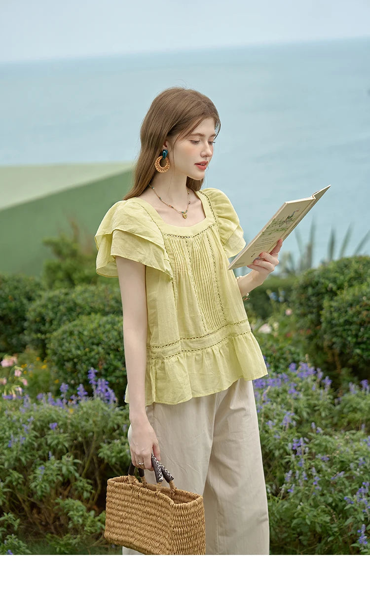 MISHOW Korean Lace Hollowed Out Flying Sleeve Blouse for Women 2024 Summer Square Neck Doll Shirt Casual Top MXD30X1574