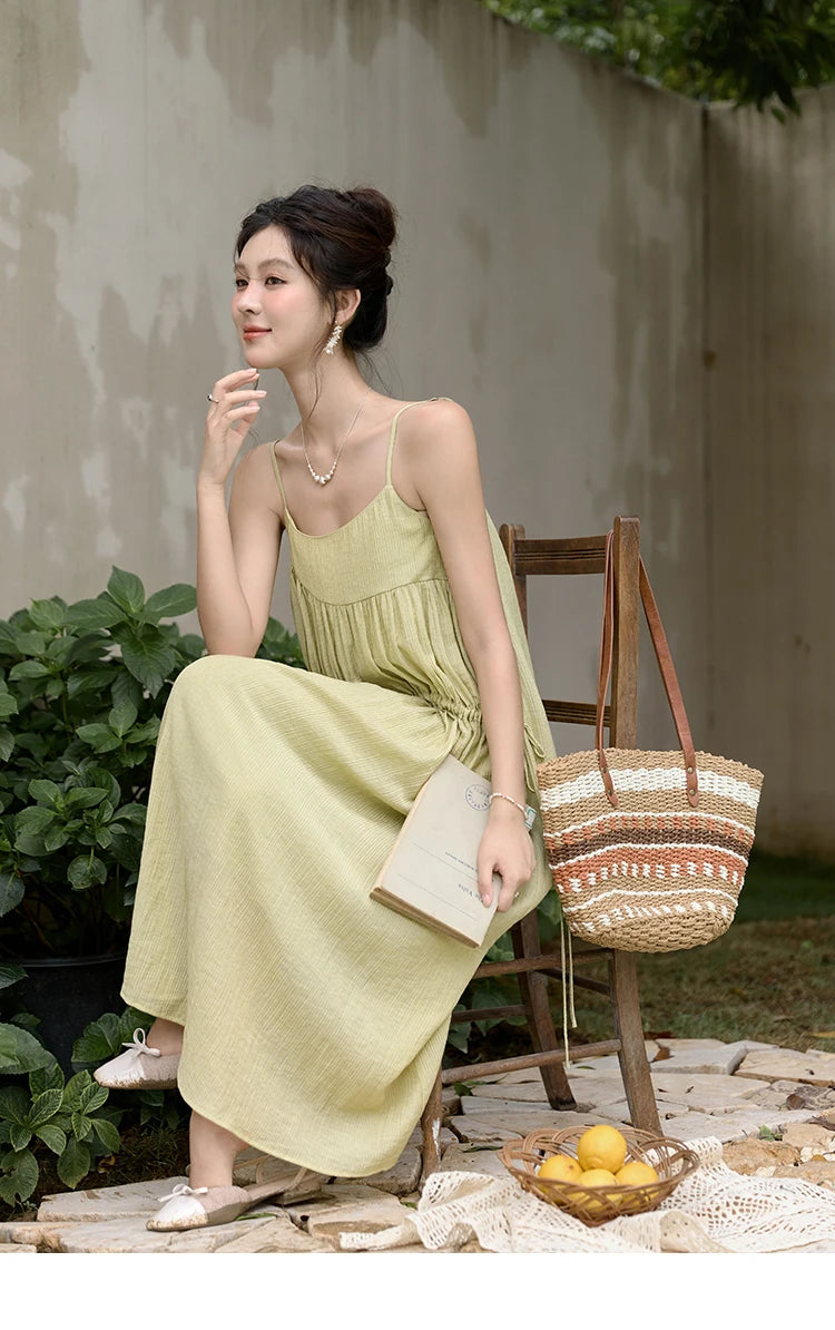 MISHOW Irregular Pleated Suspender Long Dress for Women 2025 Summer Olive Green Dress Loose Drawstring Waist Dresses MXD31L1928