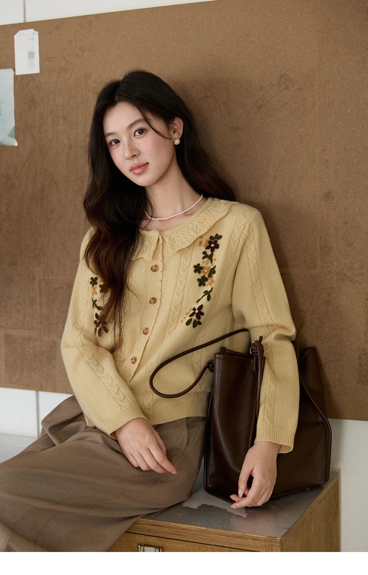 MISHOW Women's Cable Knit Cardigan Spring Peter Pan Collar Floral Embroidery Sweater Long Sleeve Casual Loose Tops MXF11Z2904