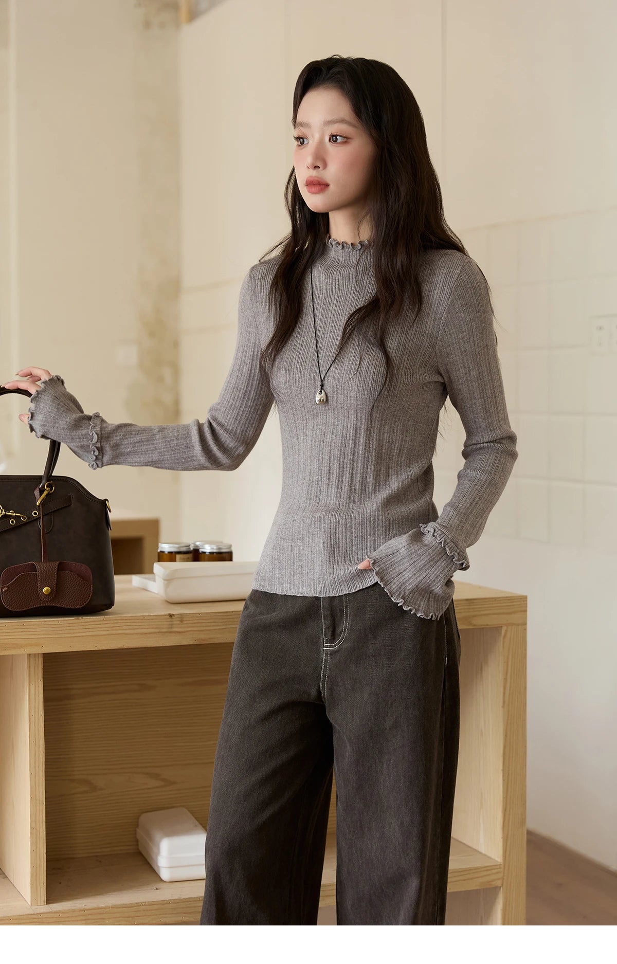 MISHOW Women's Long Sleeve Top 2025 Autumn New Casual Solid Turtleneck Slim Knit Wood Ear Edge Trumpet Sleeve Top MXE51Z2552