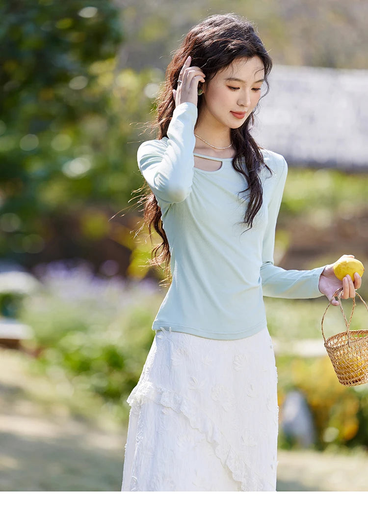 MISHOW Women's Knitted Long Sleeved T-shirt 2025 Spring Outfit Irregular Hollow Neck Tees Slim Solid Color Casual Top MXE13Z1116