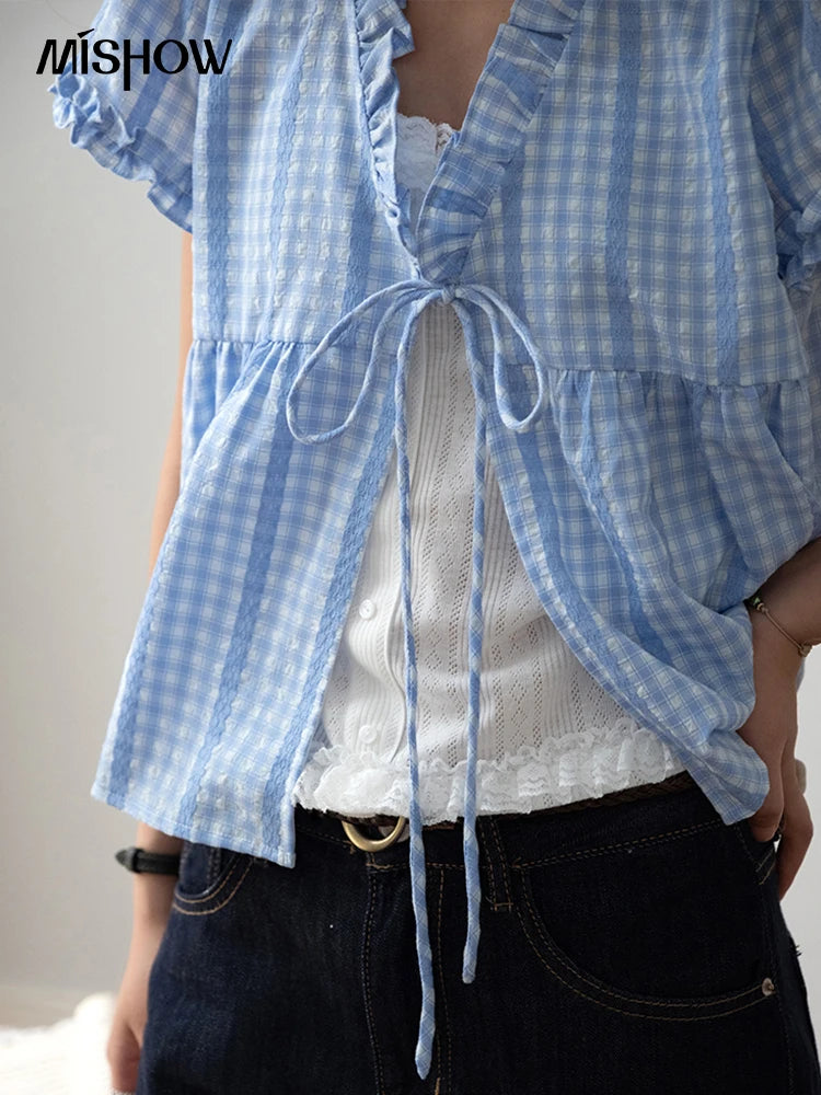 MISHOW Women's Plaid Blue Fake Two Piece Blouse 2025 Summer Fashion Puff Sleeve V-neck Lace Up Top Female Clothing MXE37X1901