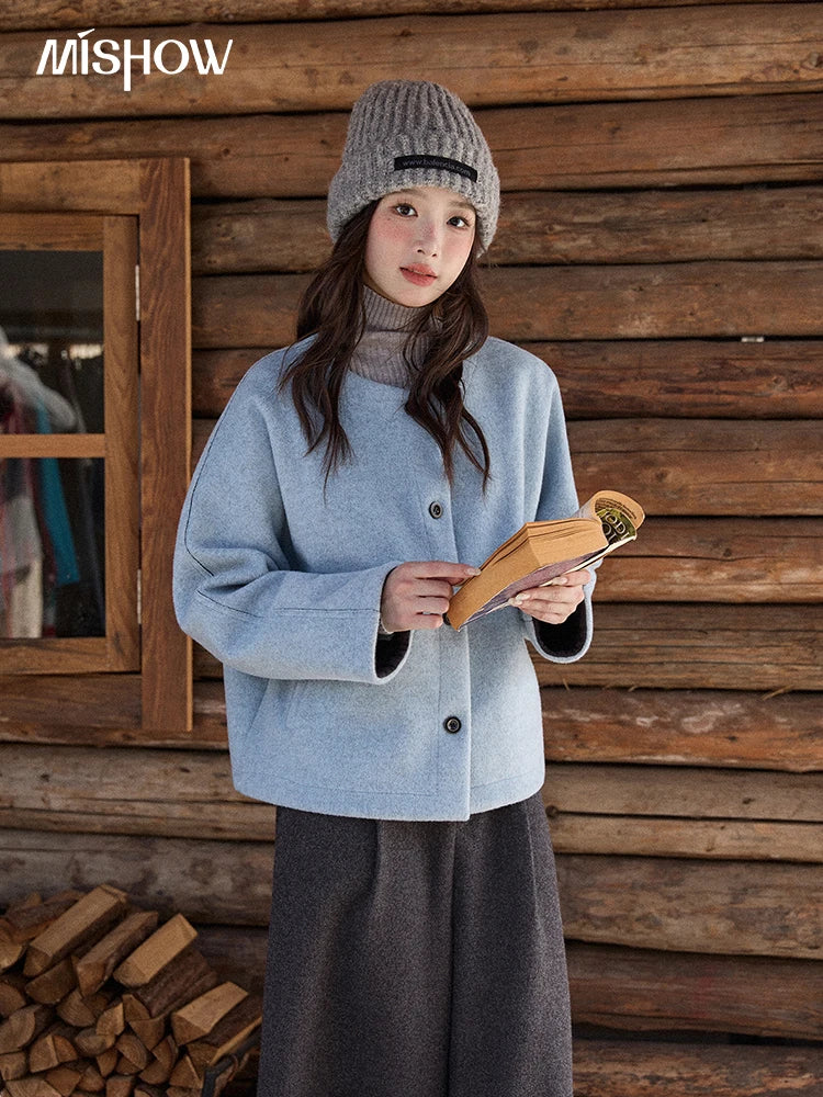 MISHOW Woman Blue Wool Coat with Shawl 2025 Winter Elegant Fashion Crew Neck Single-breasted Short Loose Thick Coat MXE87W0943