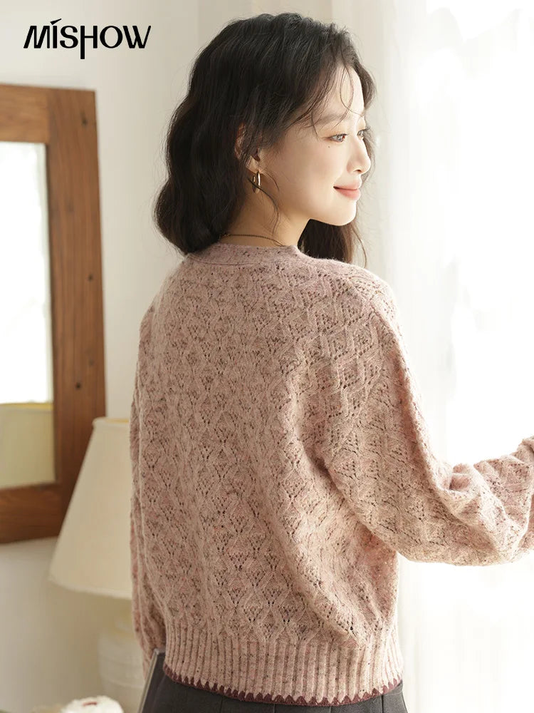 MISHOW Colorful Dot Wool Knitted Cardigan 2025 Autumn Hem Cuffs Shell Embroidery Tops Hollow Argyle Pattern Sweater MXE44Z1364