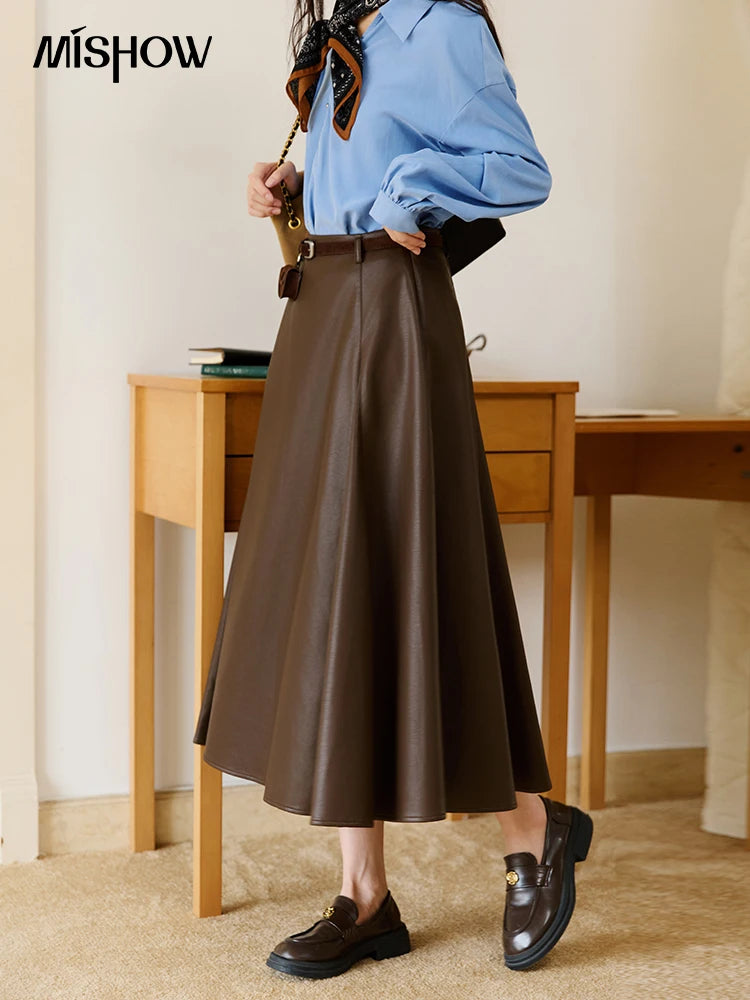 MISHOW PU Leather Skirt for Women 2025 Autumn High Waist A-line Skirt Retro Coffee Versatile Skirts Excluding Belt MXE45B2412