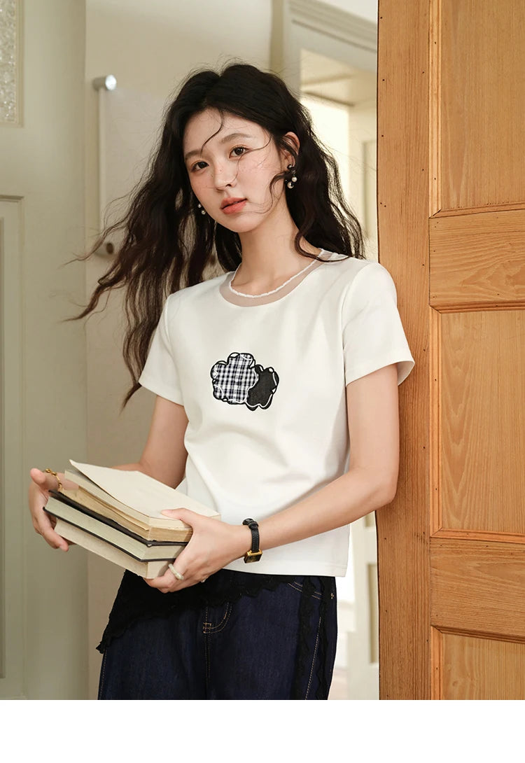 MISHOW Lace Edge Splicing Short Sleeve T-shirt for Women 2025 Summer Female Round Neck Simple Top Women's Clothing MXE38T0630