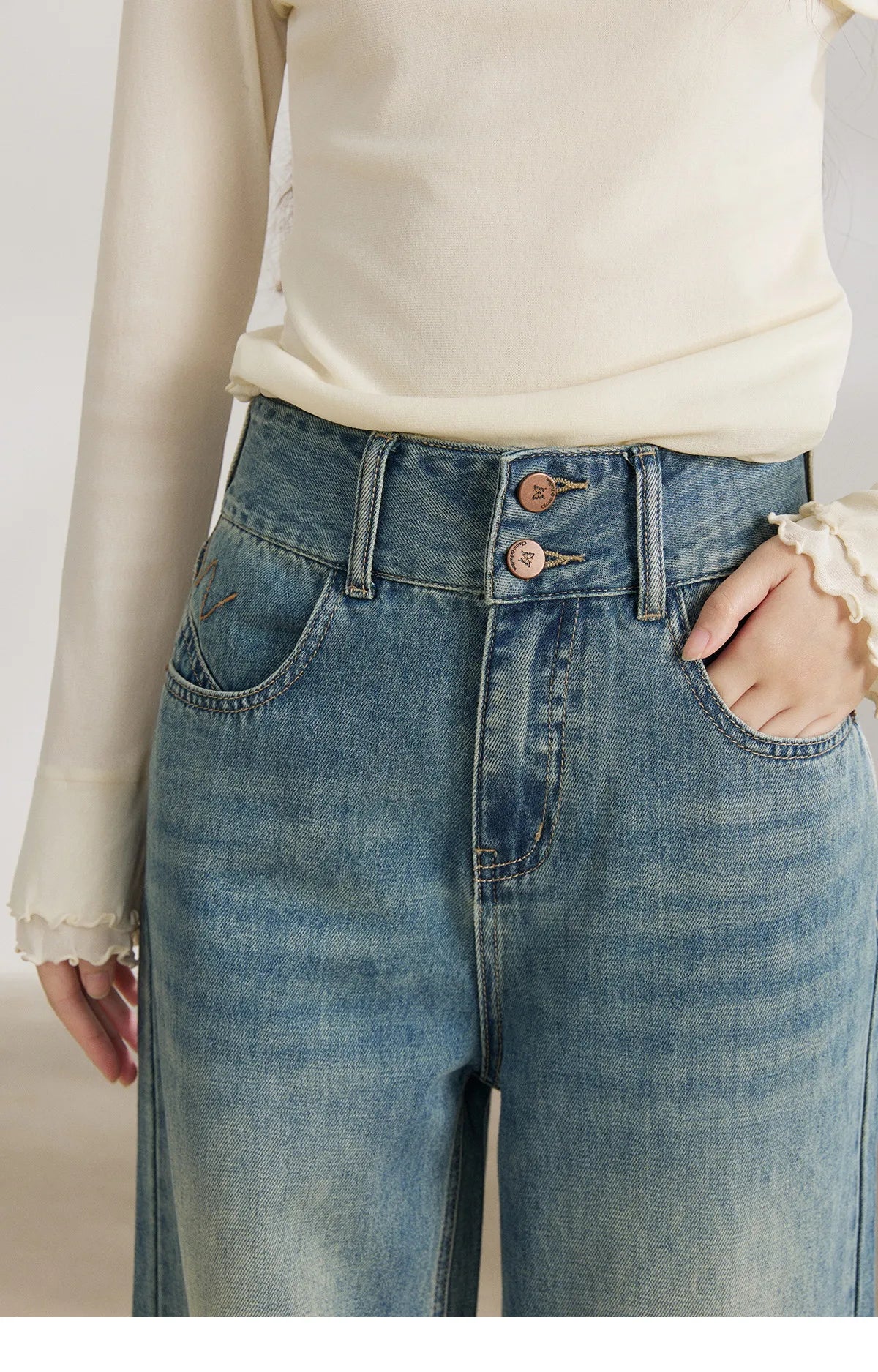 MISHOW Women's Vintage Blue Wide Leg Jeans Spring High Waist Cotton Pants Two-button Loose Casual Denim Trousers MXF108K1005