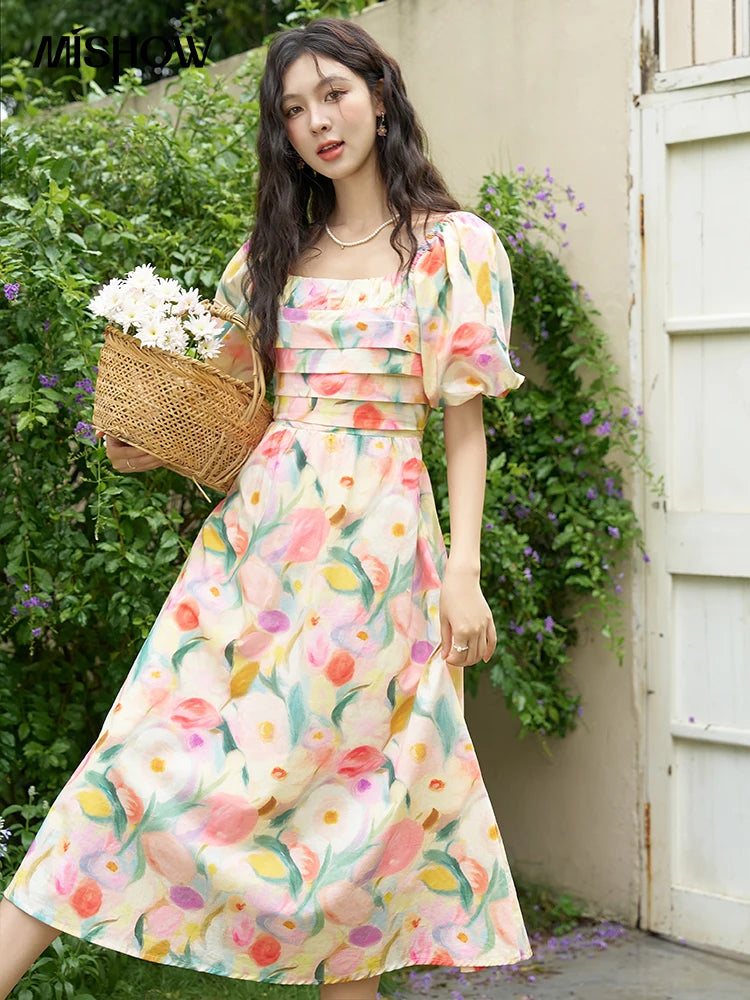 MISHOW French Tulip Fragmented Flower Dresses for Women 2024 Summer Beach Vacation Puff Sleeve Sweet Elegant Dresses MXD28L1896