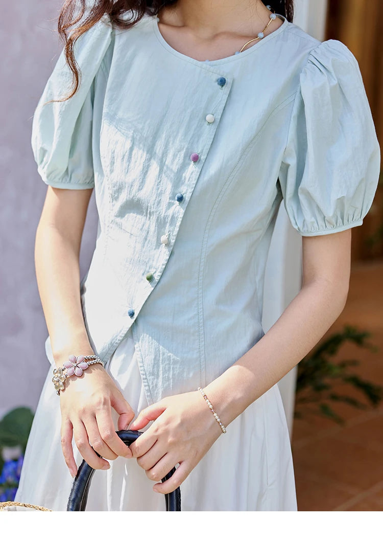 MISHOW Bubble Sleeves Blouses for Women Summer 2025 Irregular Placket Tops Rainbow Button Solid Blouse Office Lady MXE34X1782