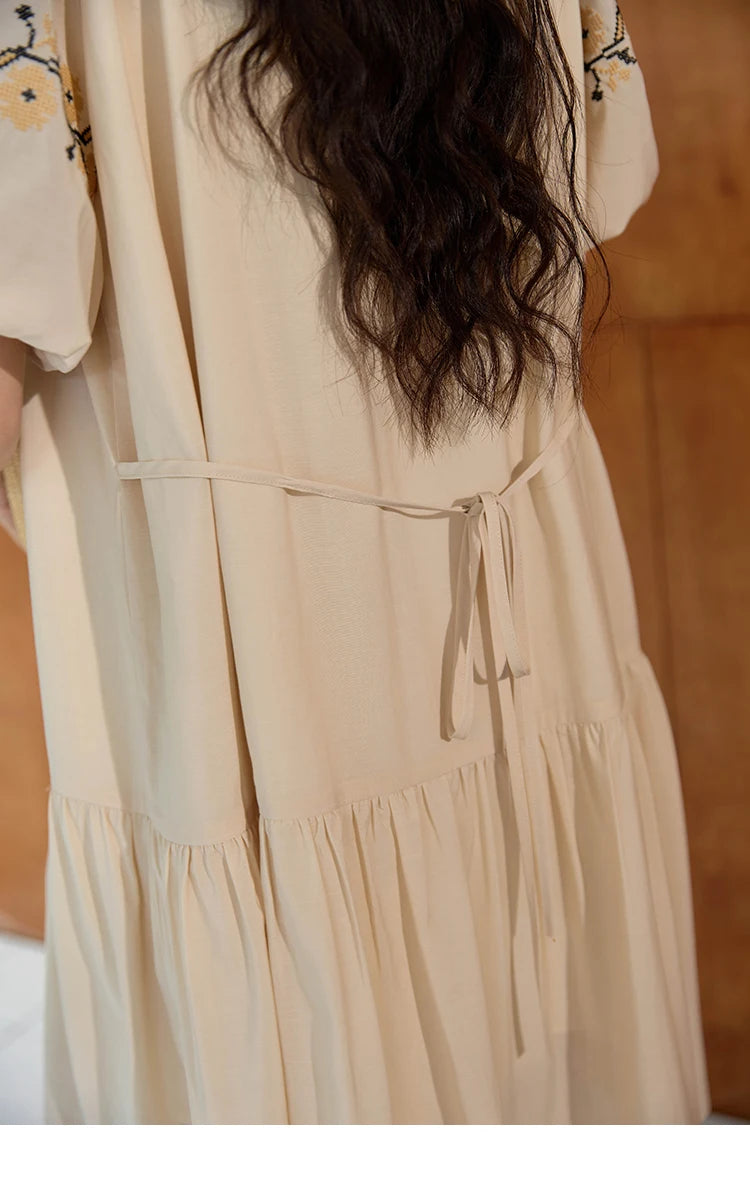 MISHOW Women's Ethnic Dress 2024 Summer Korean Sunflower Embroidery Puff Sleeve Dress V Neck Lace-up Doll Dresses MXD30L1959