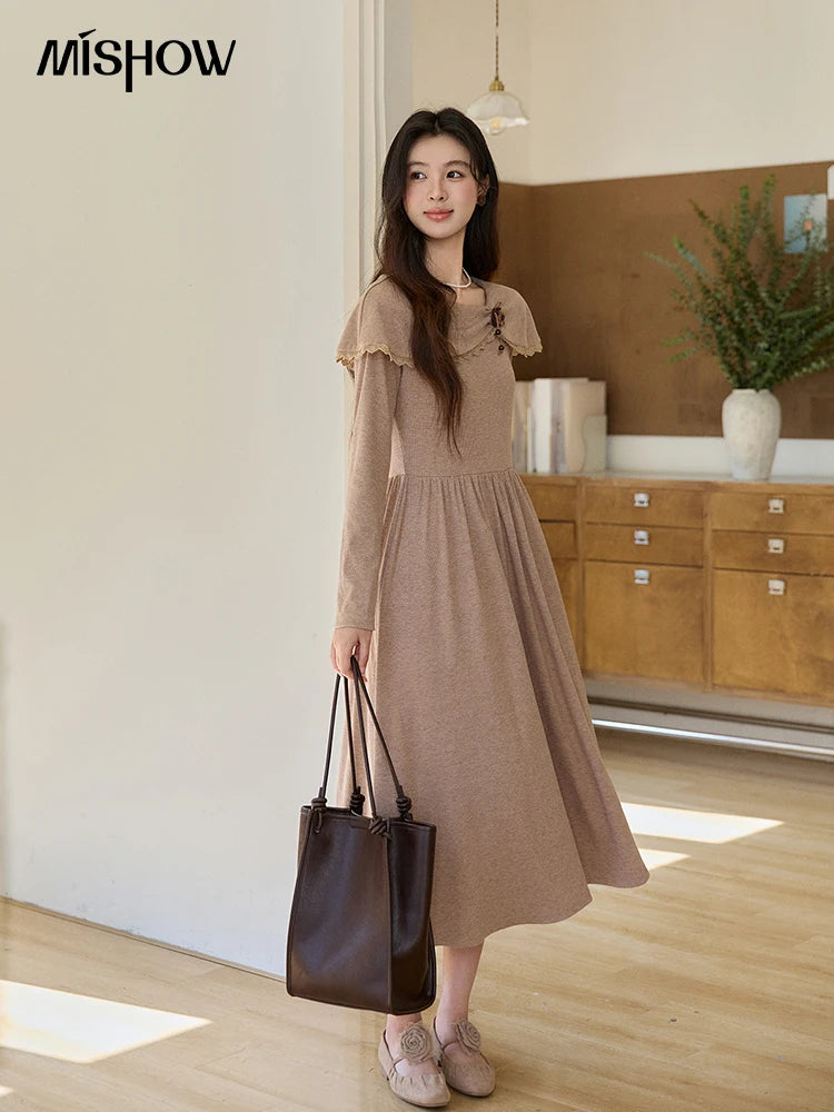 MISHOW Women's Khaki Knitted Dress 2026 Spring Large Collar Decor Long Sleeve Dresses Pleated Casual Elegant Dress MXF11L2553