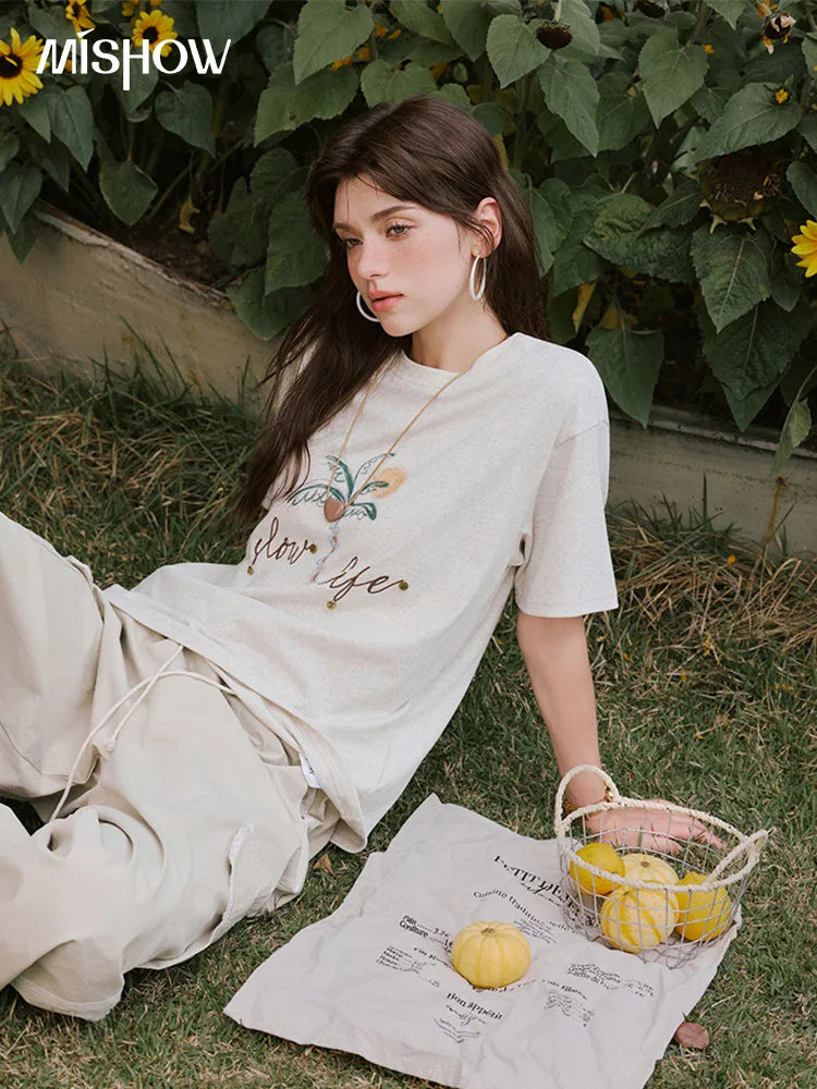 MISHOW Casual Summer Print Shirts Women 2025 Short Sleeve Round Neck Coconut Tree Straight T-shirts Woman Versatile MXE31T0520