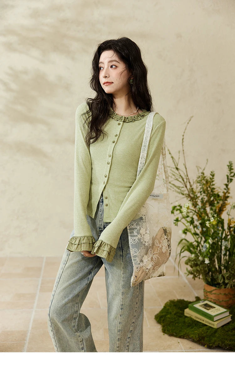 MISHOW Green Plaid Knitted Top 2025 Spring Lotus Leaf Sleeves Tees Slim Long Sleeve Curled Collar Single Breasted Top MXE14Z1152
