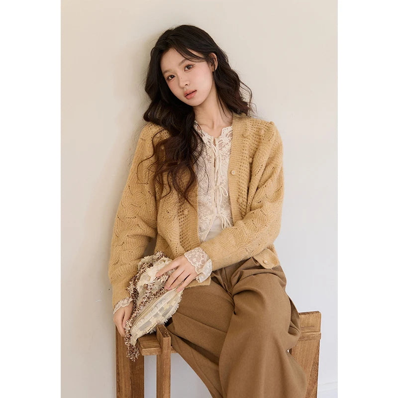 MISHOW Women's Solid Hollow-out Knit Thin Cardigan 2026 Spring V-Neck Bobble Knit tops Casual Loose Knitted Sweater MXF108Z1020