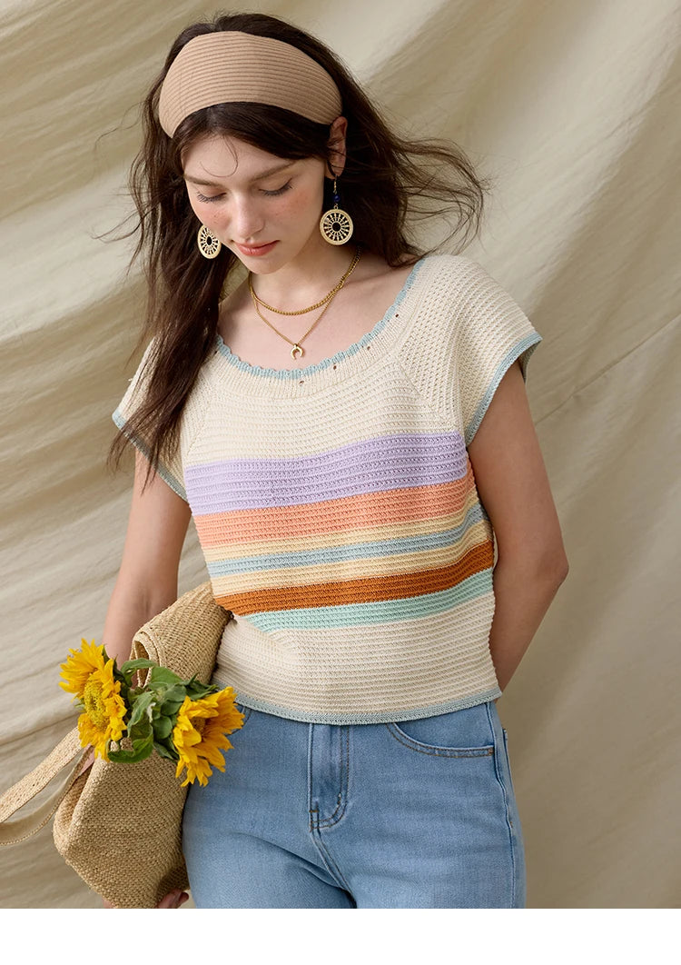MISHOW Casual Stripe Knitted Pullover Women Summer New 2025 Short Sleeve Round Neck Slimming Tops Female Office Lady MXE31Z1222