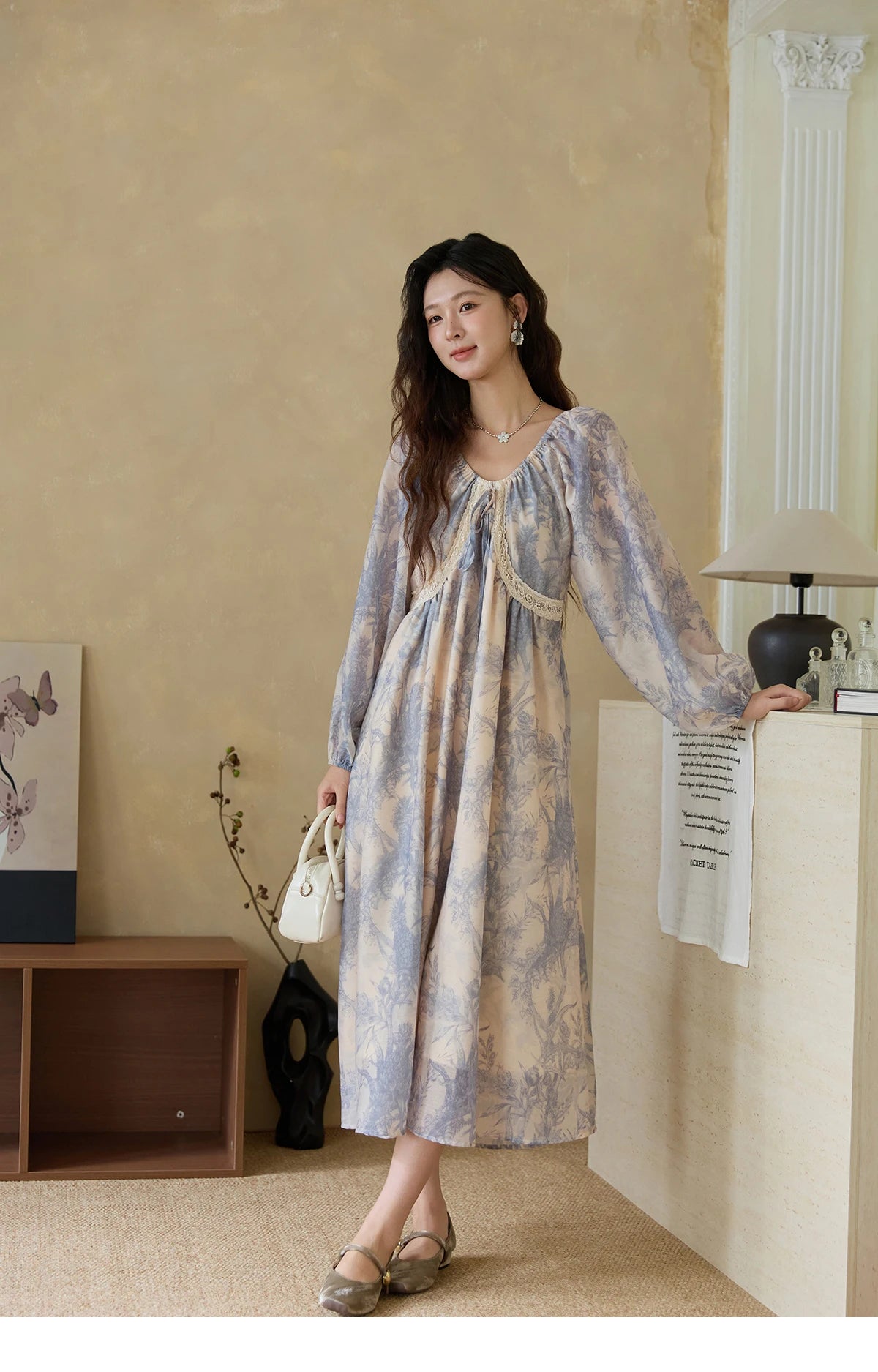 MISHOW Woman Elegant Dress 2025 Autumn Romantic Blue Floral Dress Lace Panel Drawstring A-line Long Dress Autumn MXE45L2507