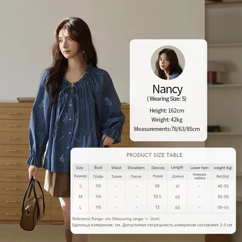 MISHOW Blue Plaid Embroidered Shirt Autumn 2025 Black Fungus Edge Collar Lace-up Doll Shirt 100cotton Loose Retro Top MXE44X2467