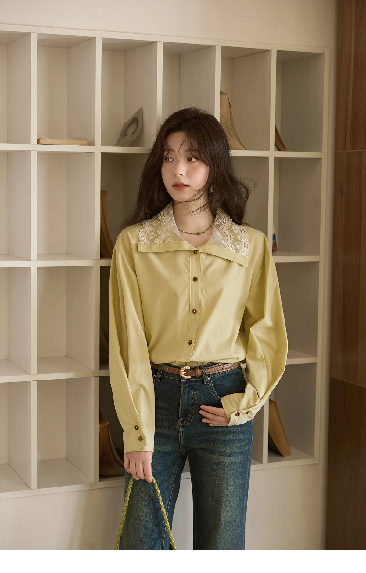 MISHOW Autumn Solid Cotton Shirt Autumn V-neck Double-layer Lace Retro Design Shirts Single Breasted Tops Office Lady MXE41C2366