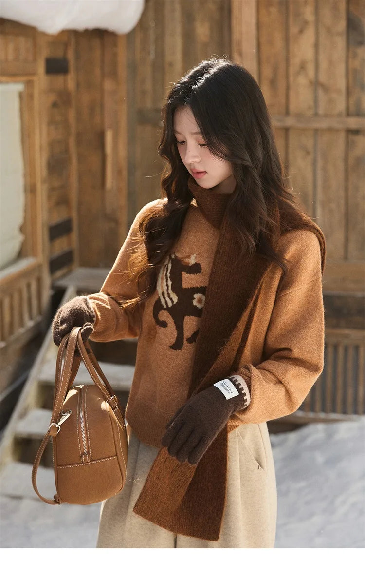 MISHOW Women's Horse Pattern Knit Sweater Winter Crew Neck Sweaters Collar Cuffs Splice Contrasting Faux Mink Fur Top MXE94Z2863