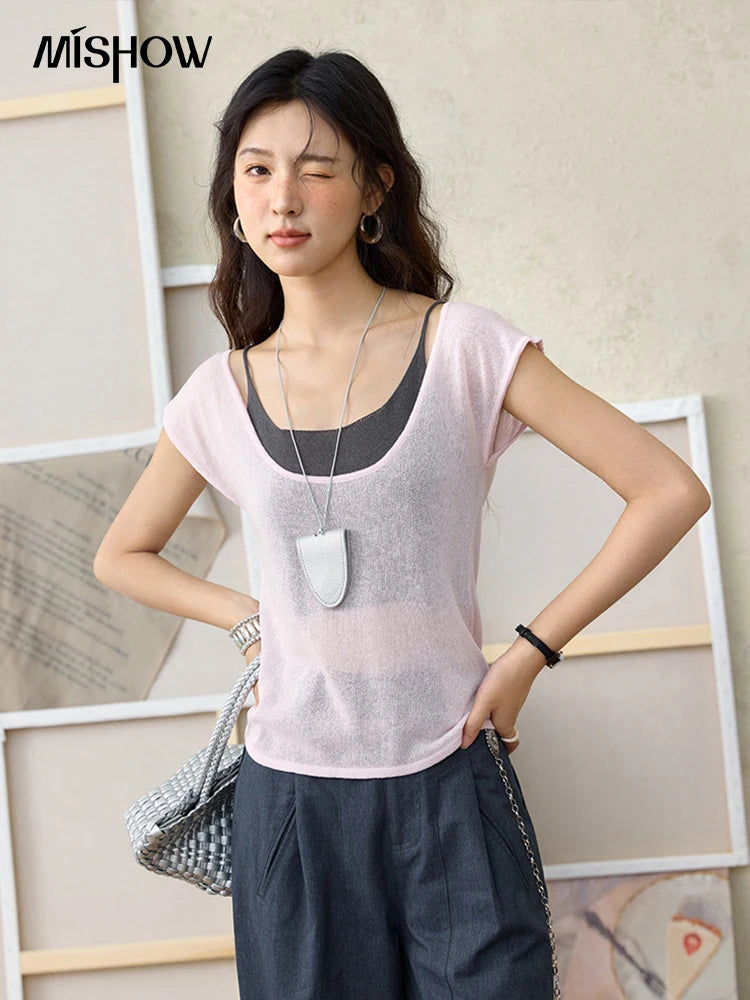 MISHOW Women's Linen Short Sleeve T-shirt 2025 Summer Contrast Color Fake Two-piece Knitted Top Thin Cool Casual Tees MXE36Z1277