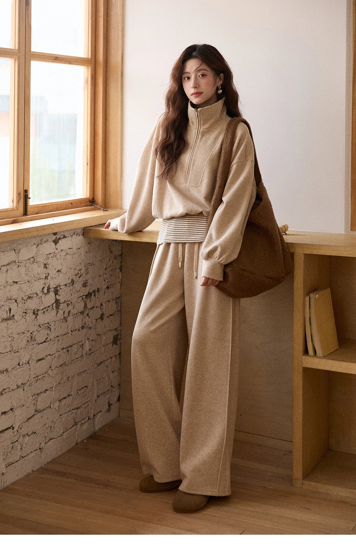 MISHOW Woman Pants Set 2025 Winter Casual Retro Sweatshirt Set Striped Lapel Half-Zip Sweatshirt Wide Leg Pants MXE87T1425