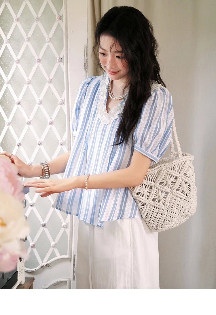 MISHOW 2025 Summer New 100% Cotton Striped Blouse Women Fashion Lantern Sleeve Lace V-neck Casual Top Ladies Clothing MXE36X1845