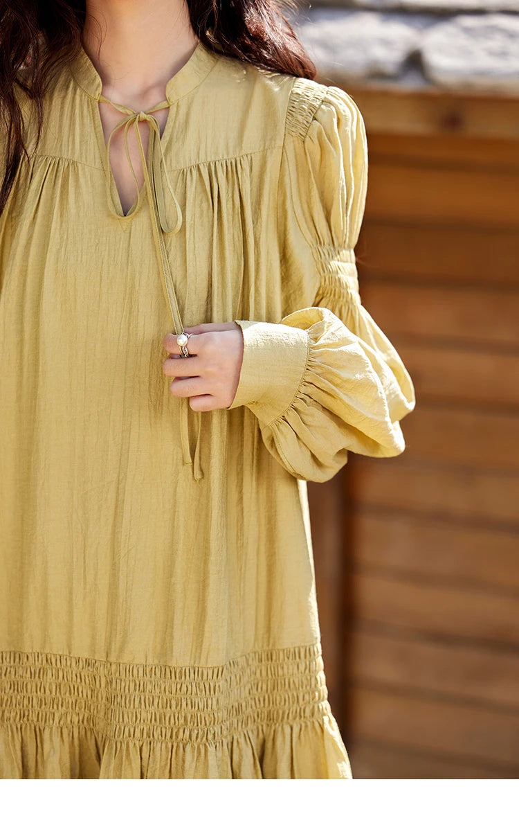 MISHOW Folded Lace Up Dress for Women Spring 2025 Solid V-neck Loose Chiffon Doll Dress Puff Sleeve Knee-Length Dress MXE11L2113