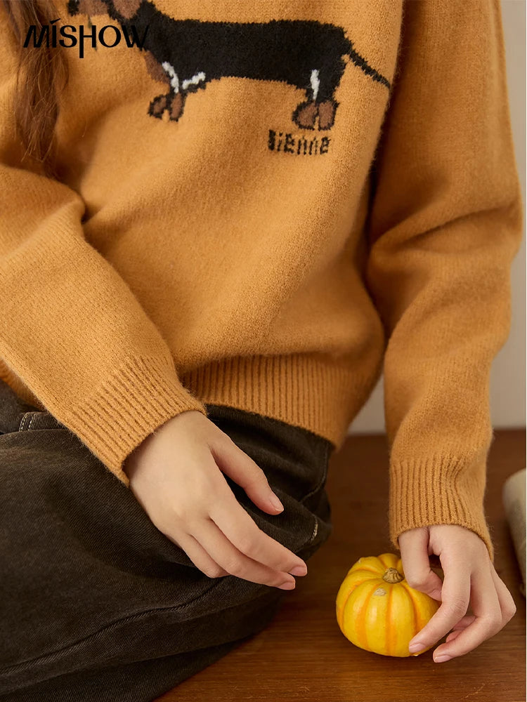 MISHOW Orange Round Neck Pullover for Women 2025 Autumn Winter New Sausage Dog Cartoon Jacquard Loose Casual Kint Top MXE48Z2578