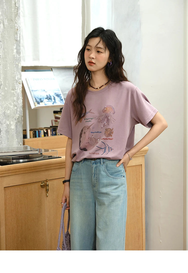 MISHOW Fashion Print T-shirts for women 2025 Summer New O-Neck Loose Casual Short Sleeve Cotton Top Female Clothing MXE36T0575