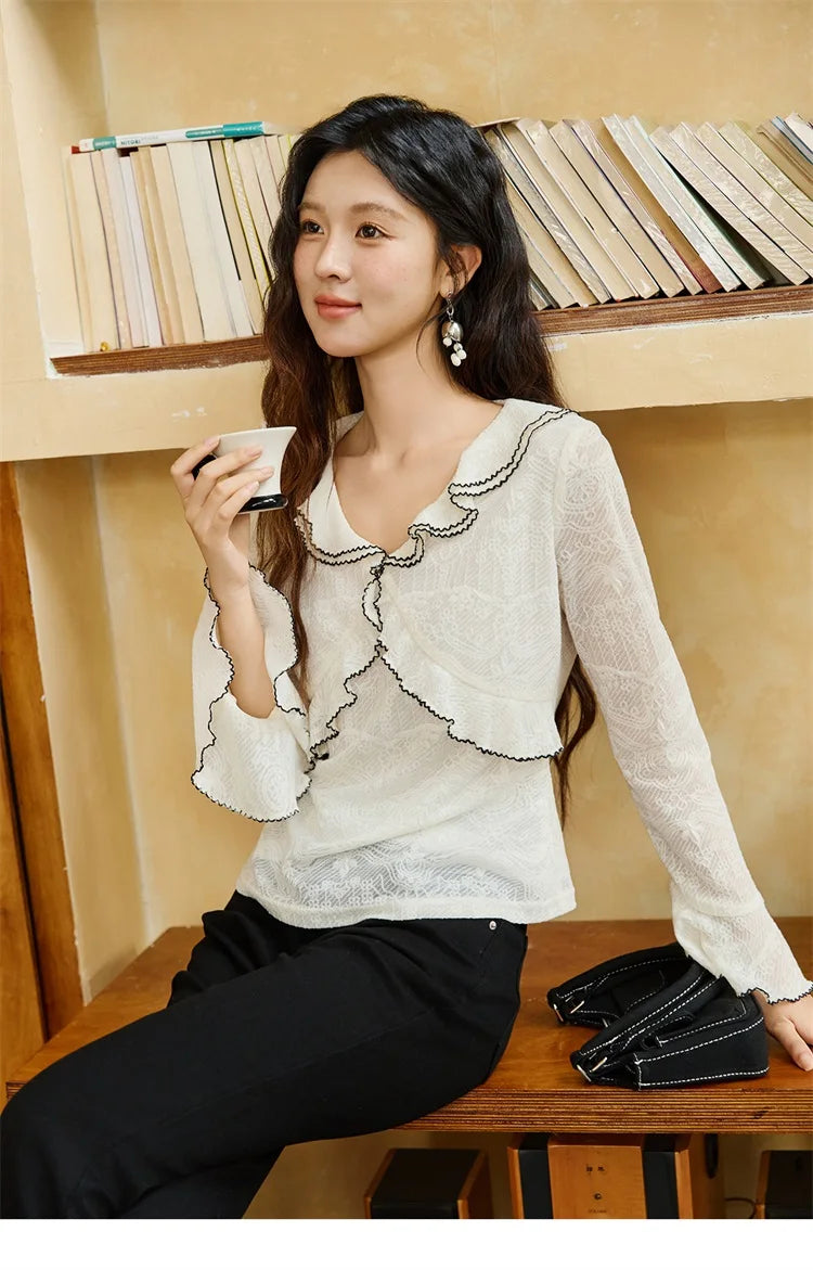 MISHOW Lace Blouse for Women Autumn 2025 V-neck Ruffle Edge Contrasting Embroidery Loose Top Flare Sleeve Blouses MXE45X2483
