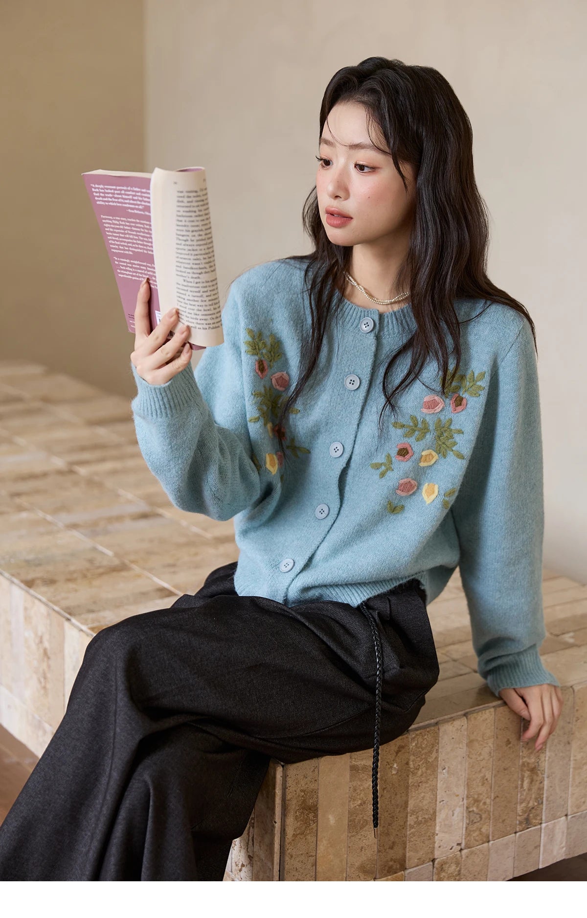 MISHOW Blue Floral Embroidered Cardigan for Women 2025 Autumn Winter New Loose Crew Neck Long Sleeves Sweater Wool MXE51Z2695