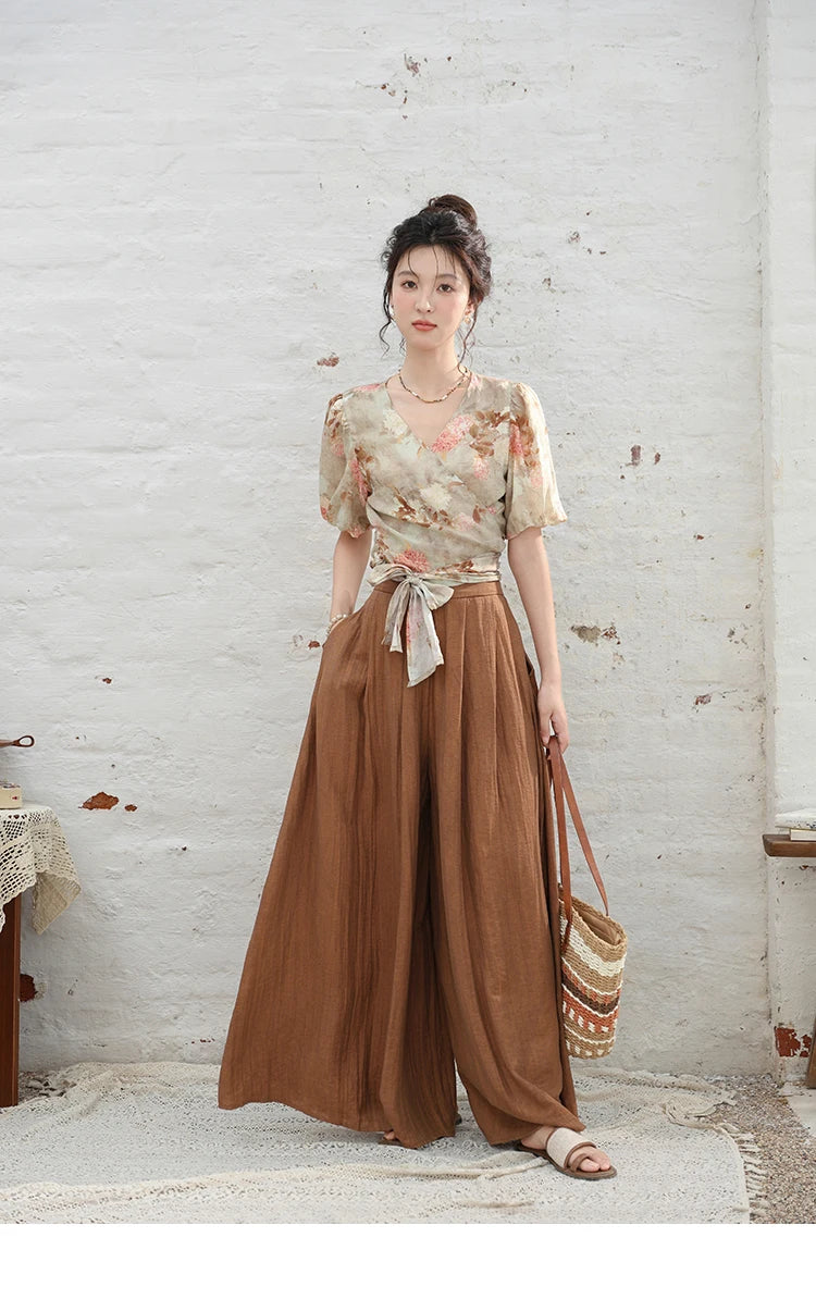 MISHOW French V-neck Floral Tops 2024 Summer Retro Short Sleeved Blouses Female Puff Sleeve Hem Strap One Piece Top MXD28X1619