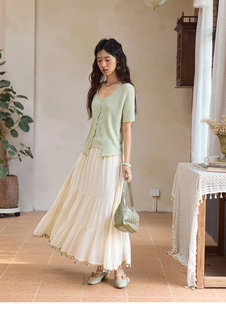 MISHOW Women's Mint Green Fake Two Piece Short Sleeved Knitted Cardigan 2025 Summer Solid Color Loose Comfortable Top MXE36Z1286