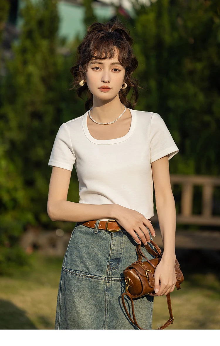MISHOW Short Sleeve T-shirts Women Spring Solid Square-neck Top Elegant Woman Clothes Office Lady Cotton Tees MXC12T0641
