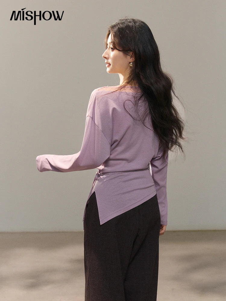 MISHOW Women's Mesh Wool Lace Polka Dot Splicing Tops 2026 Spring Boat Neck Slim Belt Twist Casual Solid T-Shirts MXF13Z3001