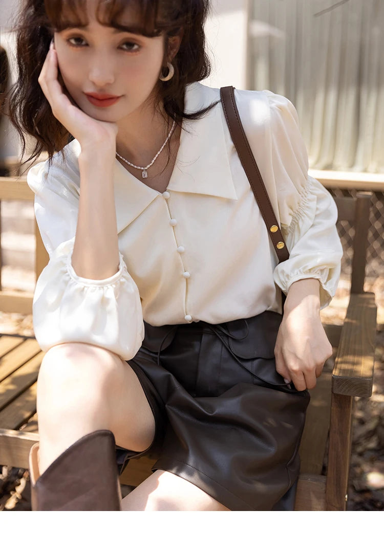 MISHOW Elegant Women's Blouse Autumn Vintage French Lantern Sleeves Turndown Collar Shirt Office Lady Female Clothing MXB32C0508