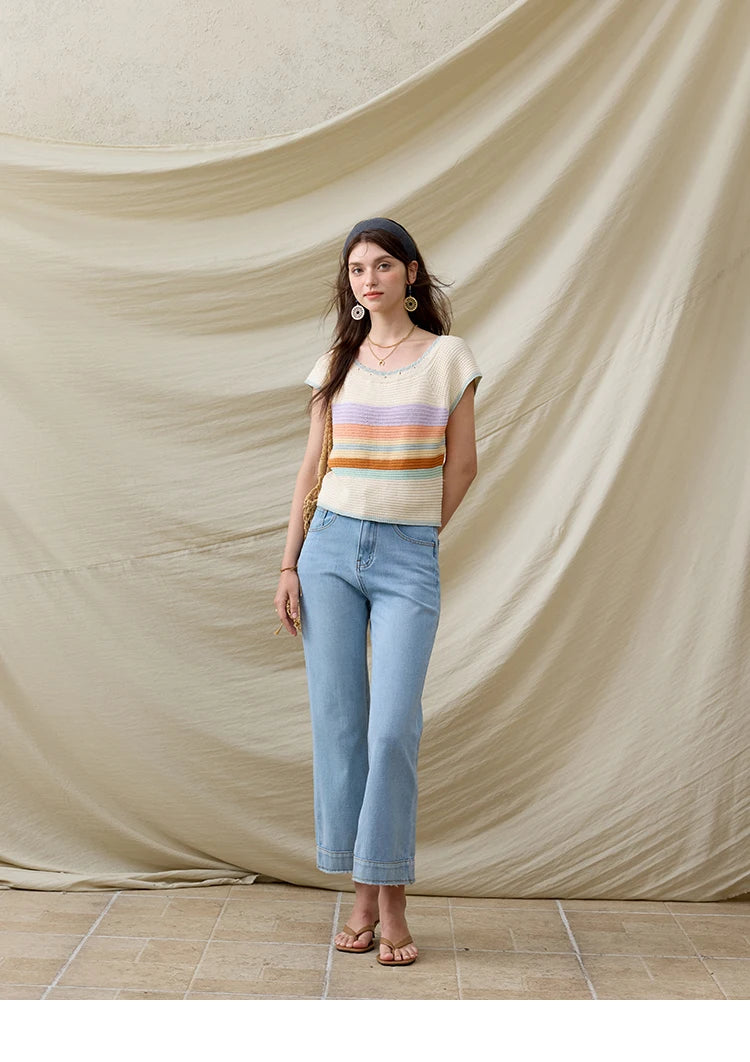 MISHOW Casual Stripe Knitted Pullover Women Summer New 2025 Short Sleeve Round Neck Slimming Tops Female Office Lady MXE31Z1222