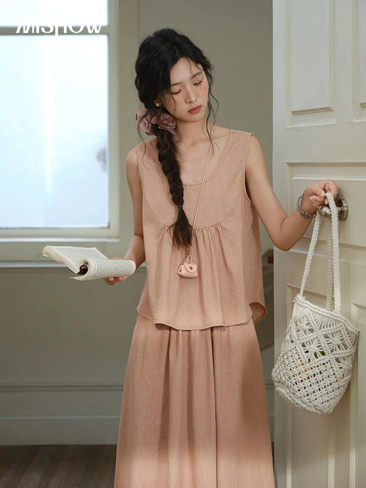 MISHOW Ladies 2 Pieces Set 2025 Summer New U-shaped Collar Sleeveless Top Fashion A-line Skirt Set Women's Clothing MXE35T0606