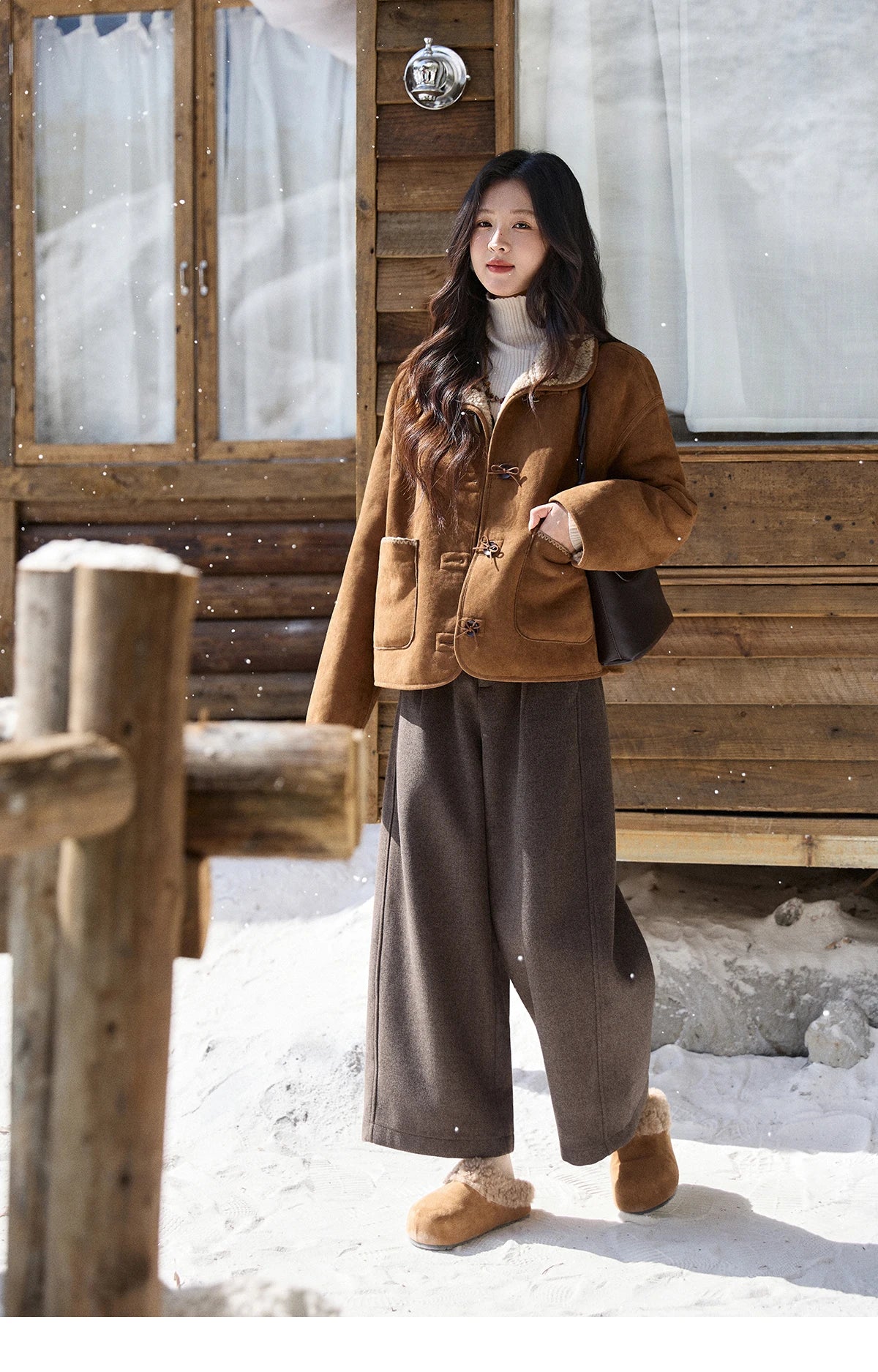 MISHOW Women's Brown Reversible Shearling Coat 2025 Winter Suede Polka Dot Lapel Coats Fleece Thick Warm Short Jacket MXE93W1012