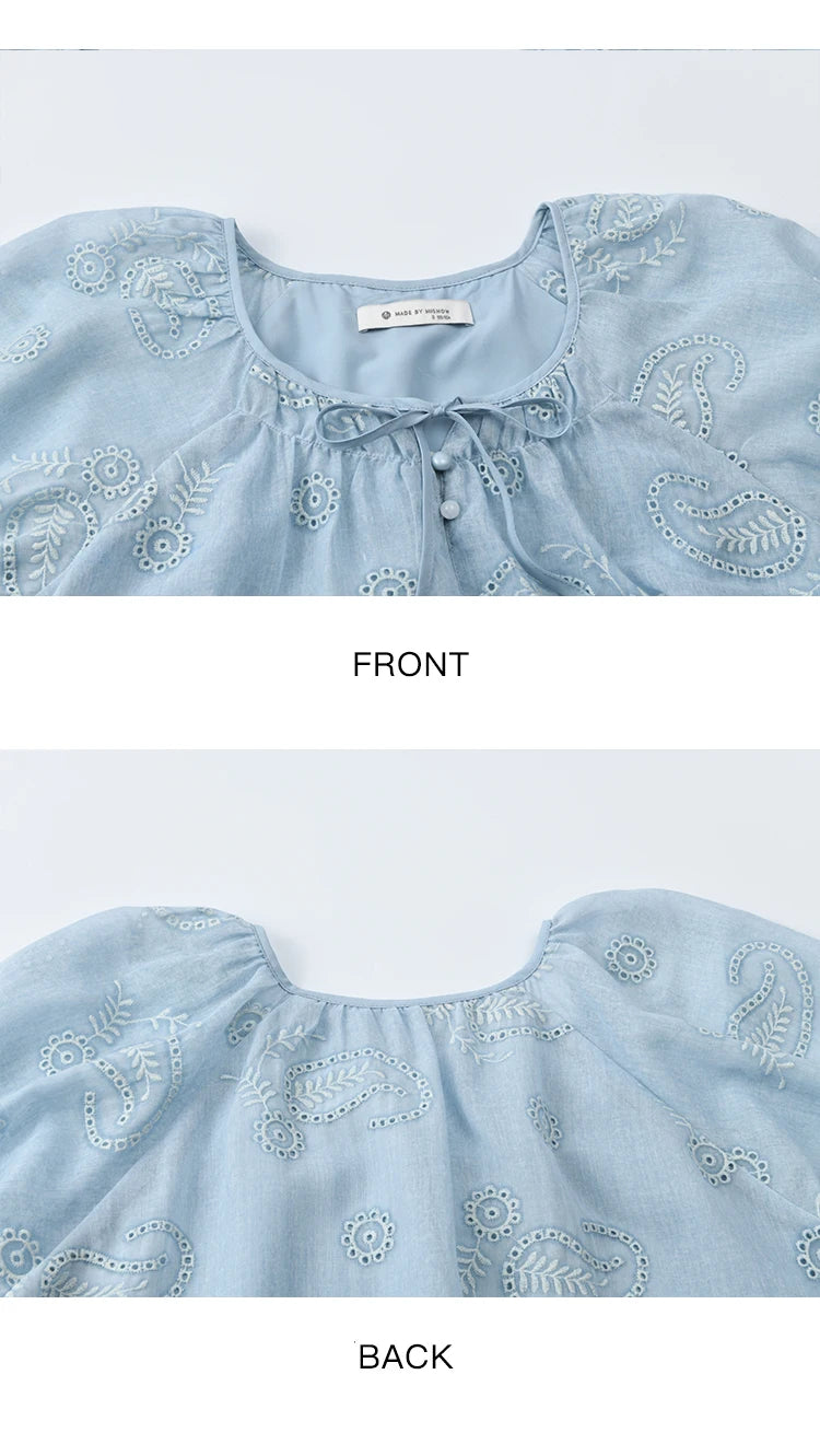 MISHOW Embroidery Flower Shirt for Women 2025 Summer New Fashion Loose Puff Sleeve Round Neck Top Female Clothing MXE39X1922