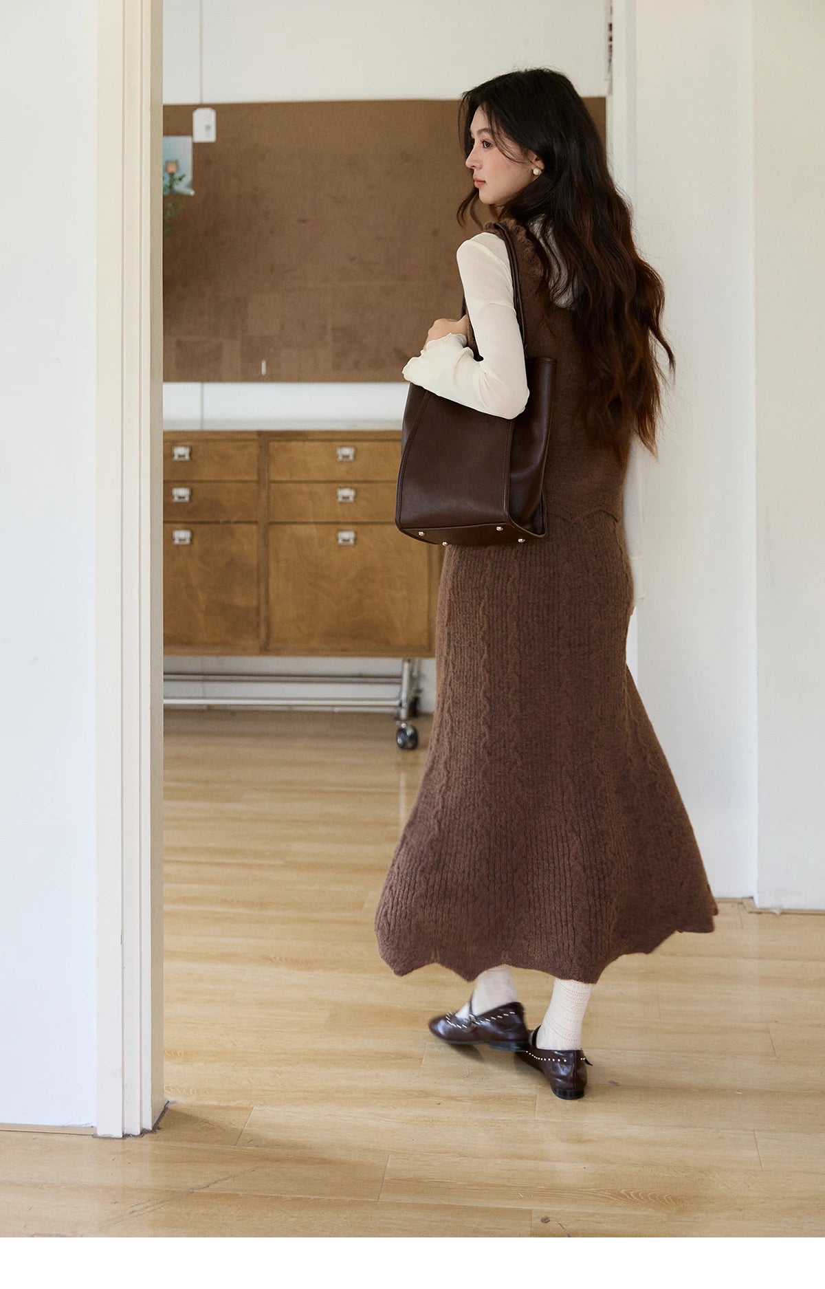 MISHOW Women's Brown Two-Piece Set 2026 Spring Knitted Vest V-Neck Cable Knit Maxi Skirt Casual Retro Warm Outfit MXF11T1460