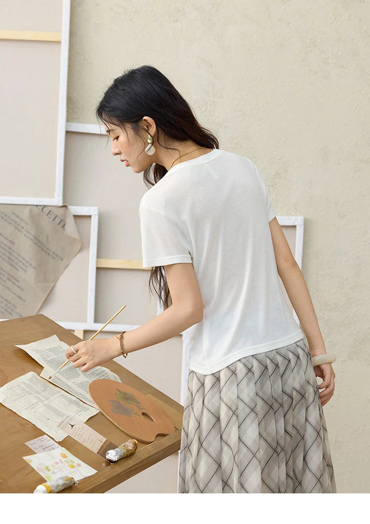 MISHOW V-neck Short Sleeve T-shirt Summer 2025 Mid Front Elastic Fold Single Row Shell Button Tees Casual Slim Tops MXE34T0560